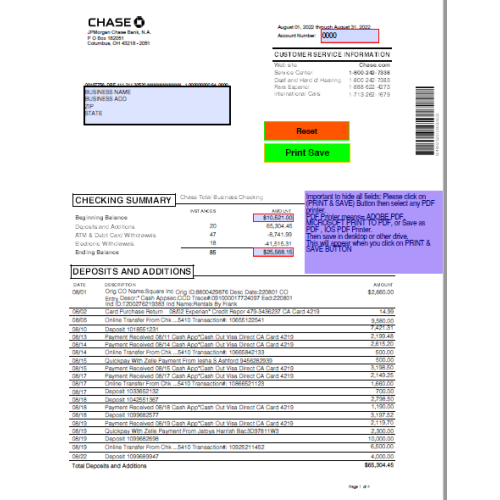 Chase Bank (August 2022) Statement Template